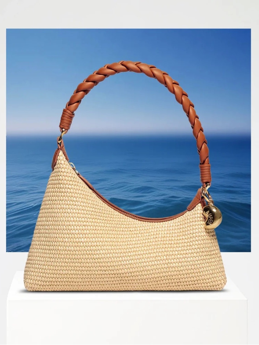 Woven Straw Hobo Bag with Braided Leather Handle - Cream/Tan